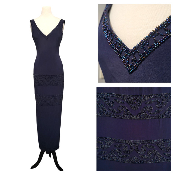 VTG Oleg Cassini Black Tie Beaded Gown Size 4 Navy Sleeveless Evening Formal 90s - Picture 1 of 15